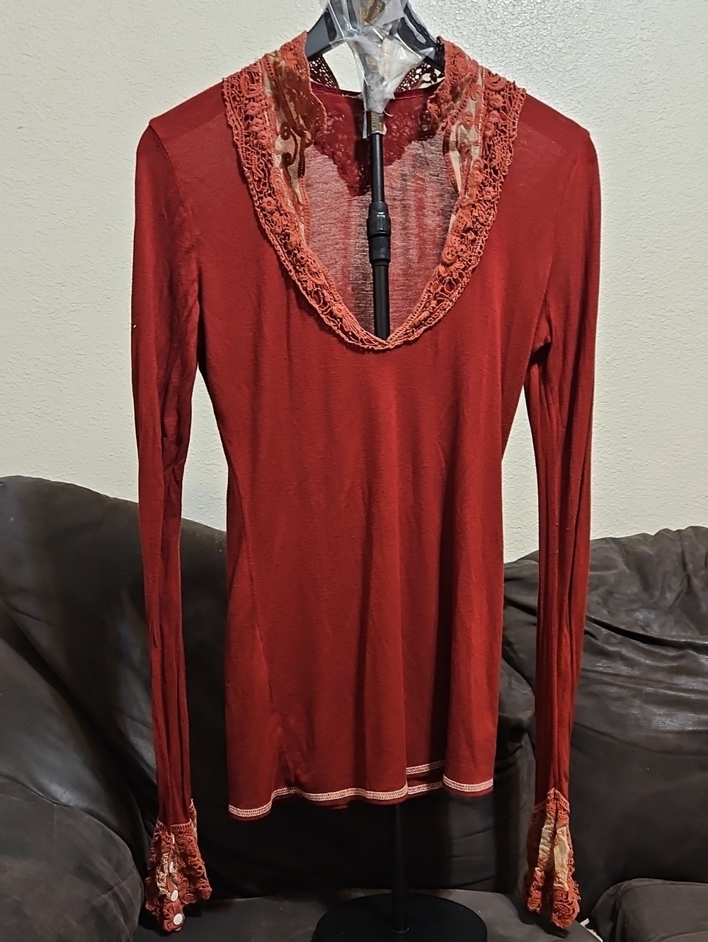 Scrapbook Originals Deep V Lace-Trim Long Sleeve Top - Rust